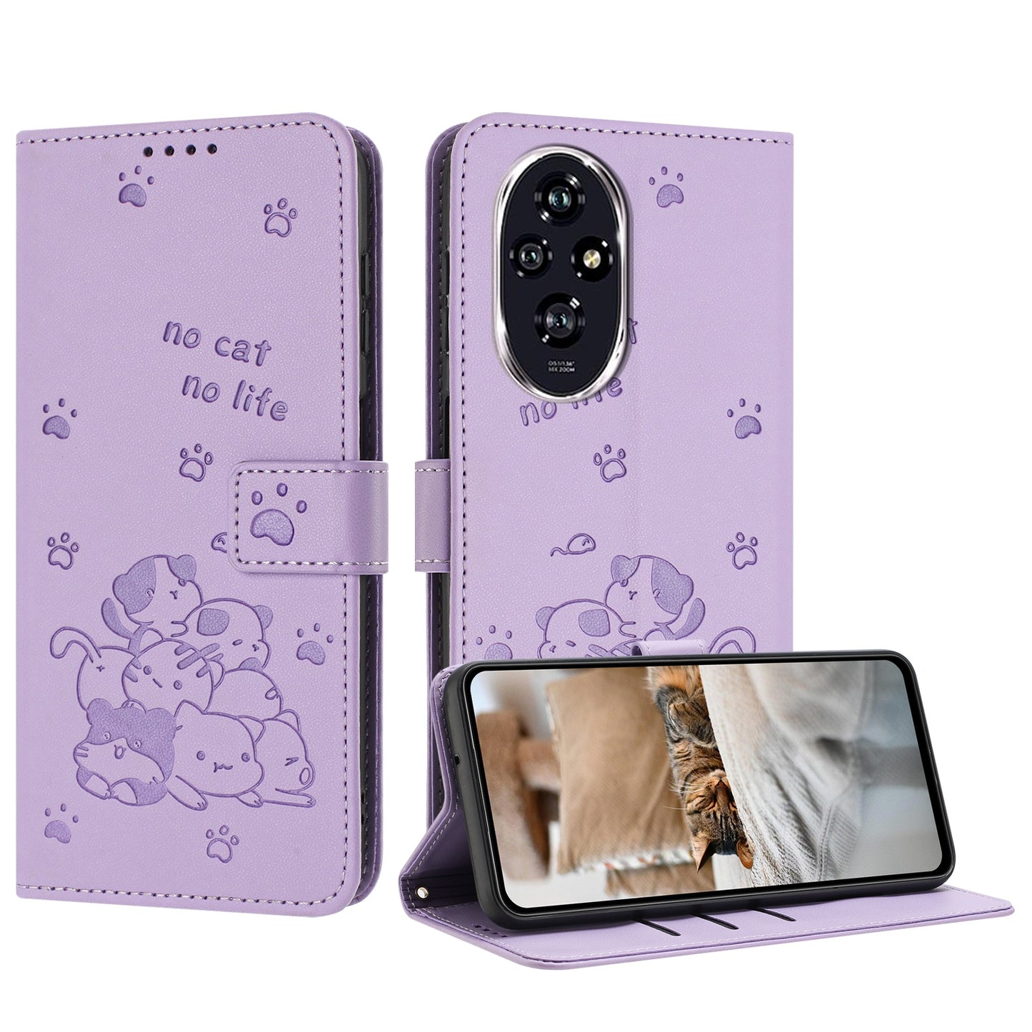 Honor 200 Pro 5G Embossed Kitten PU Leather Wallet Case with Card Slots, Cash Pocket, Kickstand Function, Wrist Lanyard Strap, Full Protective TPU Flip Cover