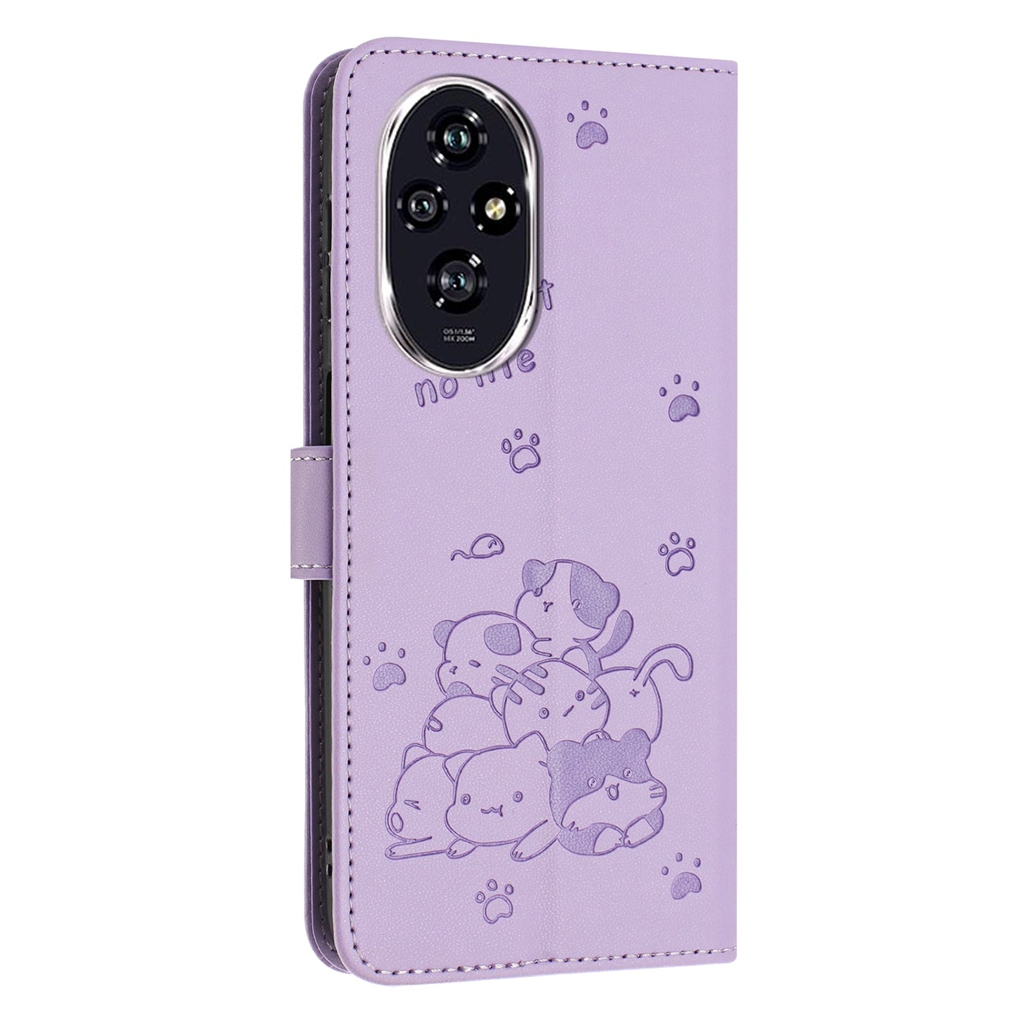 Honor 200 Pro 5G Embossed Kitten PU Leather Wallet Case with Card Slots, Cash Pocket, Kickstand Function, Wrist Lanyard Strap, Full Protective TPU Flip Cover