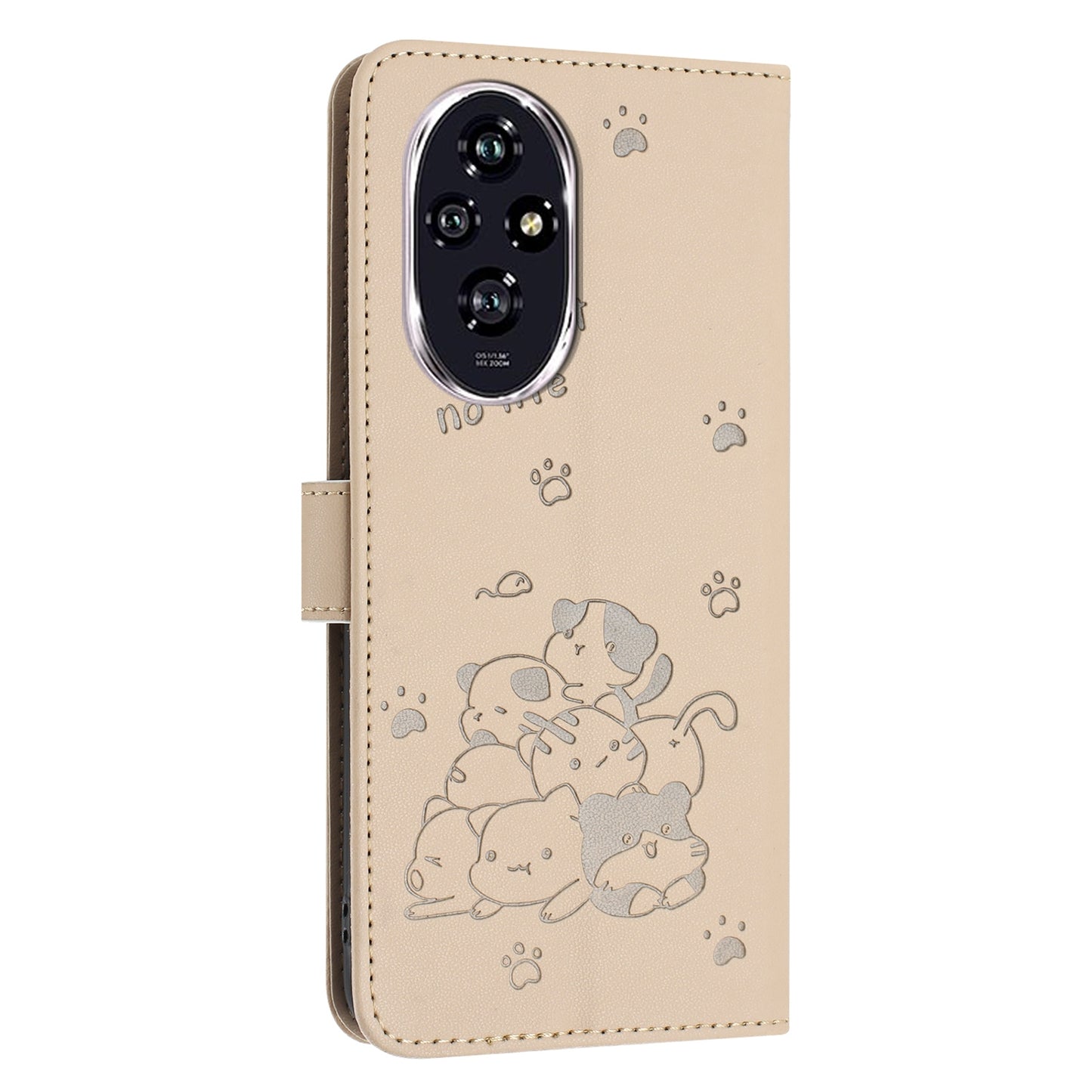 Honor 200 Pro 5G Embossed Kitten PU Leather Wallet Case with Card Slots, Cash Pocket, Kickstand Function, Wrist Lanyard Strap, Full Protective TPU Flip Cover