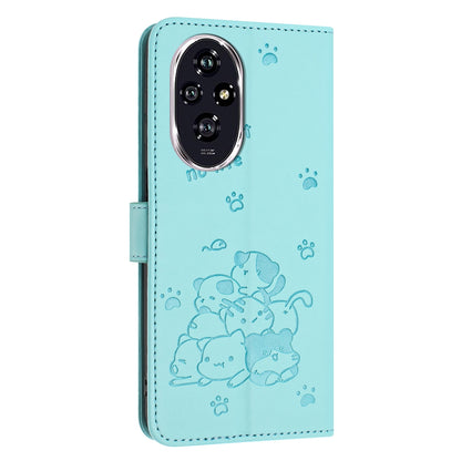 Honor 200 Pro 5G Embossed Kitten PU Leather Wallet Case with Card Slots, Cash Pocket, Kickstand Function, Wrist Lanyard Strap, Full Protective TPU Flip Cover
