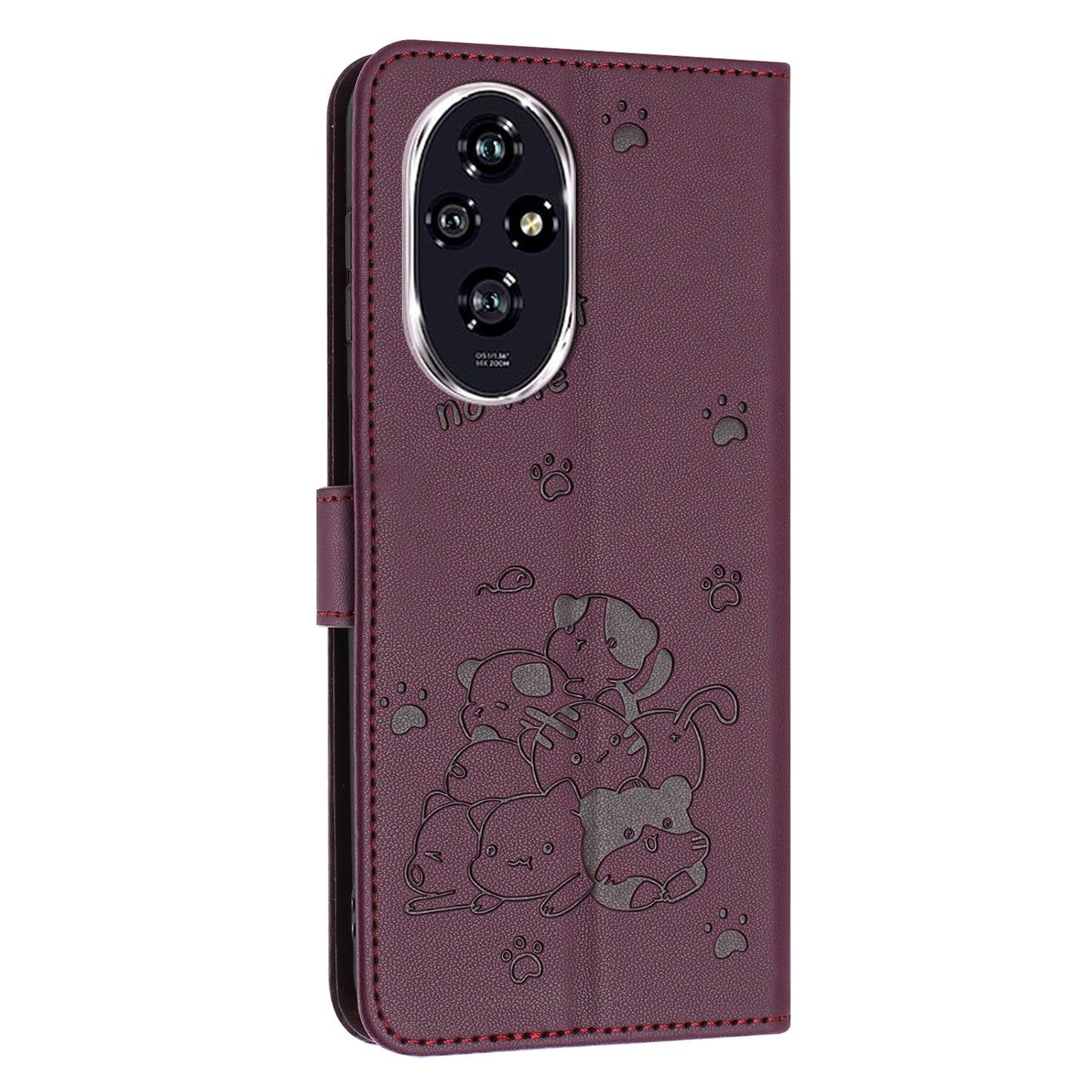 Honor 200 Pro 5G Embossed Kitten PU Leather Wallet Case with Card Slots, Cash Pocket, Kickstand Function, Wrist Lanyard Strap, Full Protective TPU Flip Cover