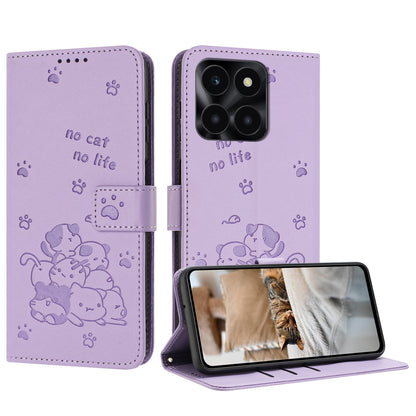 Honor X6a Embossed Kitten PU Leather Wallet Case with Card Slots, Cash Pocket, Kickstand Function, Wrist Lanyard Strap, Full Protective TPU Flip Cover