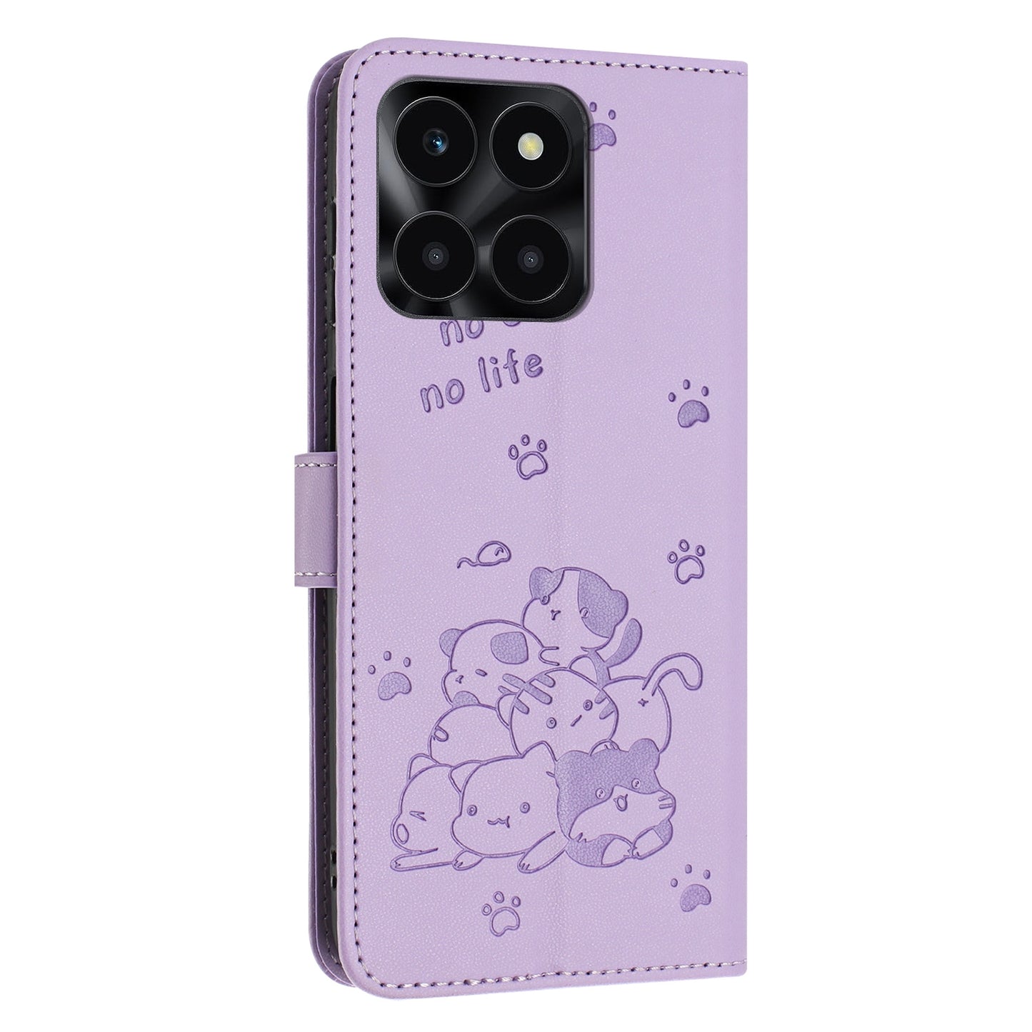 Honor X6a Embossed Kitten PU Leather Wallet Case with Card Slots, Cash Pocket, Kickstand Function, Wrist Lanyard Strap, Full Protective TPU Flip Cover