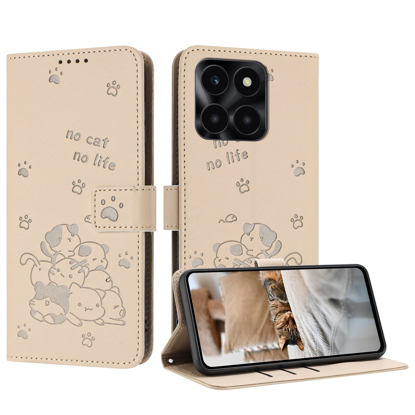 Honor X6b Embossed Kitten PU Leather Wallet Case with Card Slots, Cash Pocket, Kickstand Function, Wrist Lanyard Strap, Full Protective TPU Flip Cover