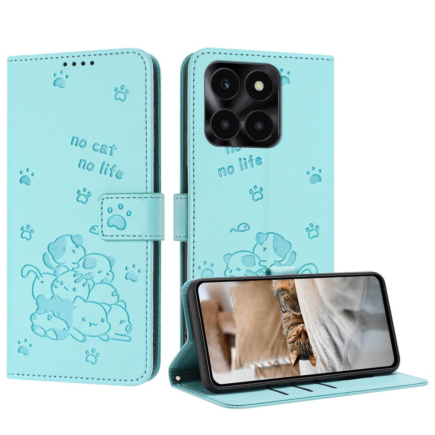 Honor X6b Embossed Kitten PU Leather Wallet Case with Card Slots, Cash Pocket, Kickstand Function, Wrist Lanyard Strap, Full Protective TPU Flip Cover