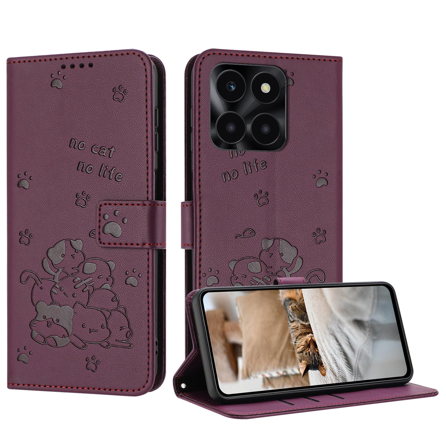 Honor X6a Embossed Kitten PU Leather Wallet Case with Card Slots, Cash Pocket, Kickstand Function, Wrist Lanyard Strap, Full Protective TPU Flip Cover