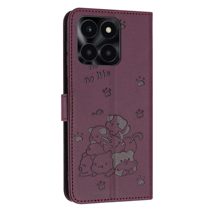 Honor X6a Embossed Kitten PU Leather Wallet Case with Card Slots, Cash Pocket, Kickstand Function, Wrist Lanyard Strap, Full Protective TPU Flip Cover