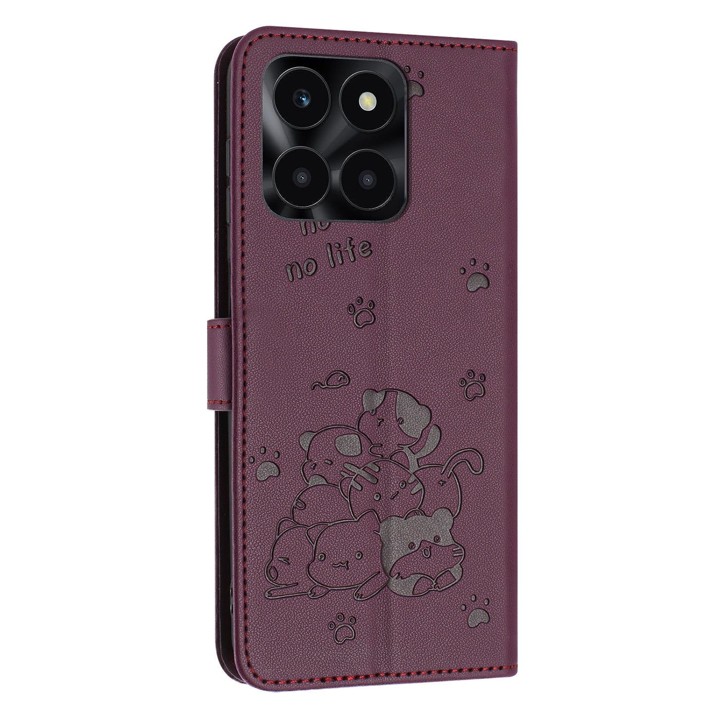 Honor X6b Embossed Kitten PU Leather Wallet Case with Card Slots, Cash Pocket, Kickstand Function, Wrist Lanyard Strap, Full Protective TPU Flip Cover