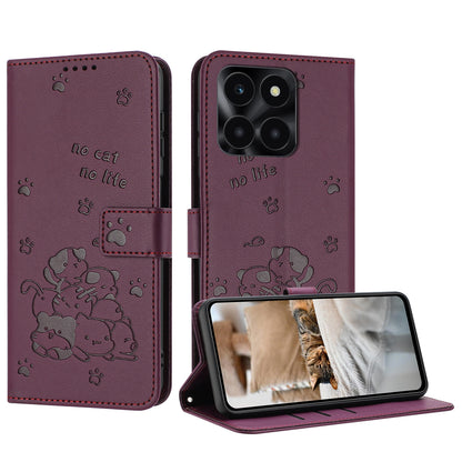 Honor X6b Embossed Kitten PU Leather Wallet Case with Card Slots, Cash Pocket, Kickstand Function, Wrist Lanyard Strap, Full Protective TPU Flip Cover