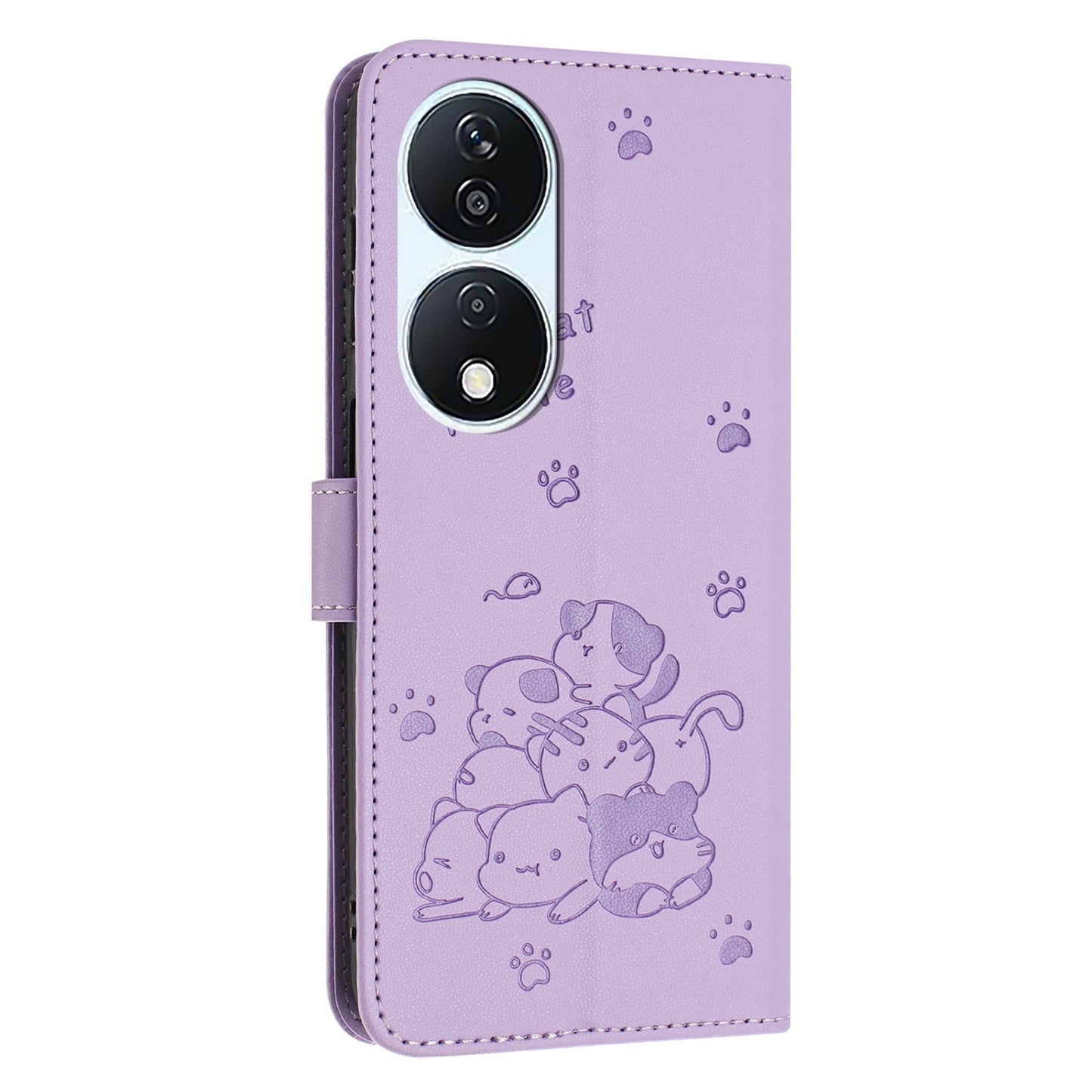 Honor X7b 4G Embossed Kitten PU Leather Wallet Case with Card Slots, Cash Pocket, Kickstand Function, Wrist Lanyard Strap, Full Protective TPU Flip Cover