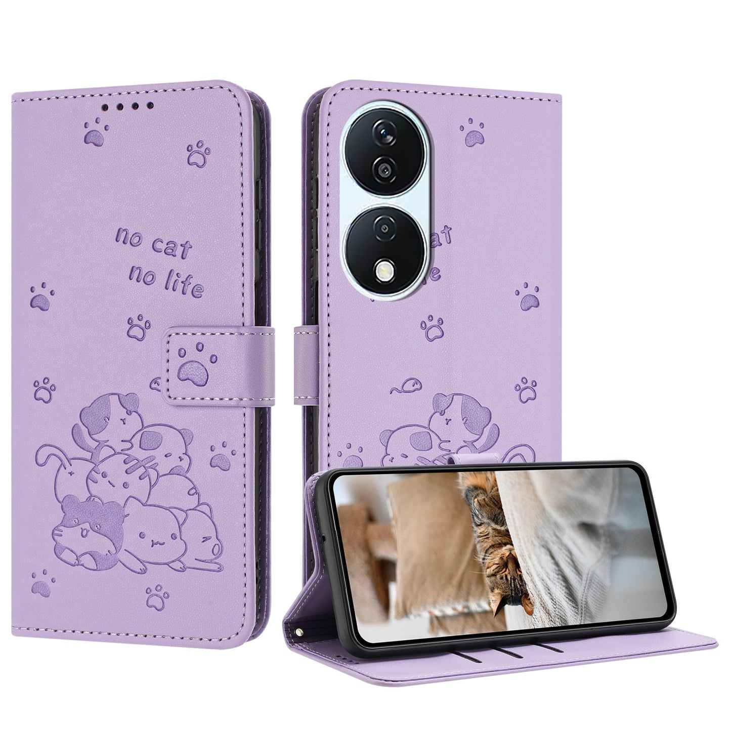 Honor X7b 5G Embossed Kitten PU Leather Wallet Case with Card Slots, Cash Pocket, Kickstand Function, Wrist Lanyard Strap, Full Protective TPU Flip Cover
