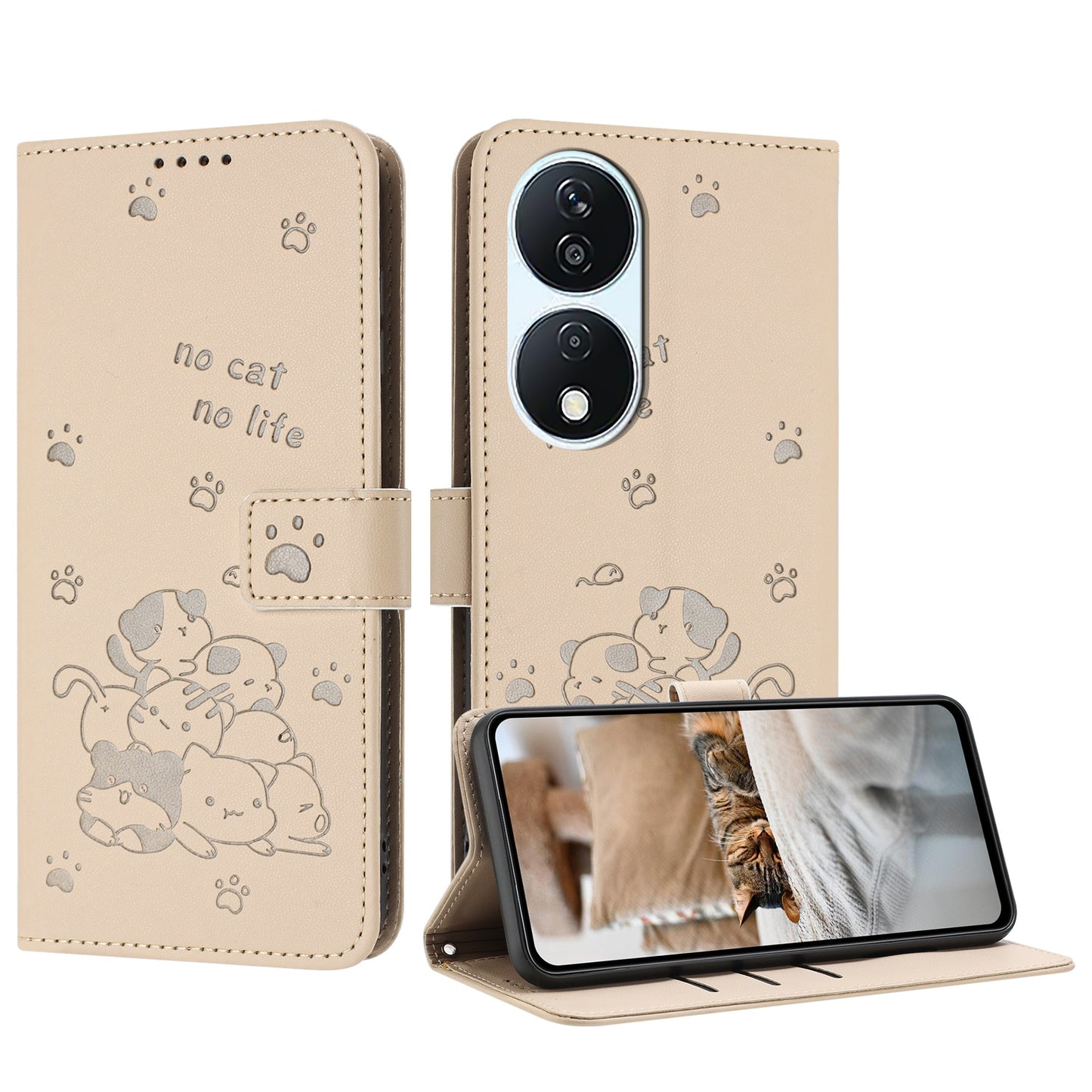 Honor X7b 4G Embossed Kitten PU Leather Wallet Case with Card Slots, Cash Pocket, Kickstand Function, Wrist Lanyard Strap, Full Protective TPU Flip Cover