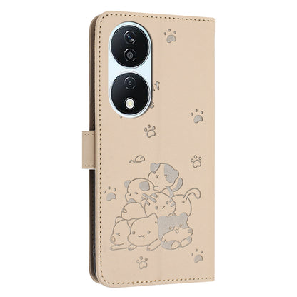 Honor X7b 4G Embossed Kitten PU Leather Wallet Case with Card Slots, Cash Pocket, Kickstand Function, Wrist Lanyard Strap, Full Protective TPU Flip Cover