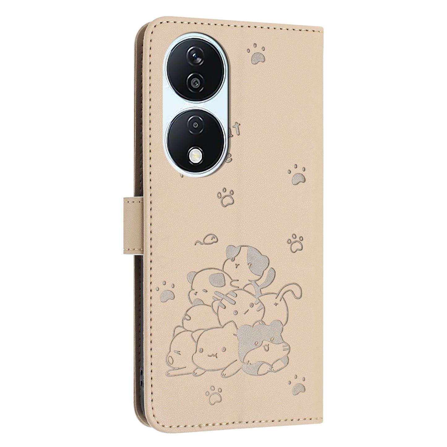 Honor X7b 5G Embossed Kitten PU Leather Wallet Case with Card Slots, Cash Pocket, Kickstand Function, Wrist Lanyard Strap, Full Protective TPU Flip Cover