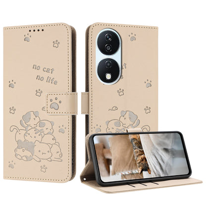 Honor X7b 5G Embossed Kitten PU Leather Wallet Case with Card Slots, Cash Pocket, Kickstand Function, Wrist Lanyard Strap, Full Protective TPU Flip Cover