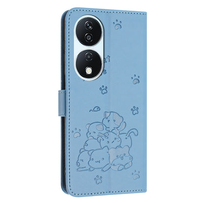 Honor X7b 5G Embossed Kitten PU Leather Wallet Case with Card Slots, Cash Pocket, Kickstand Function, Wrist Lanyard Strap, Full Protective TPU Flip Cover