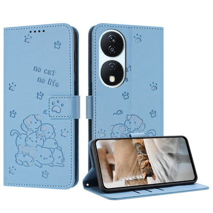 Honor X7b 5G Embossed Kitten PU Leather Wallet Case with Card Slots, Cash Pocket, Kickstand Function, Wrist Lanyard Strap, Full Protective TPU Flip Cover