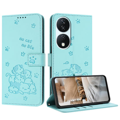 Honor X7b 4G Embossed Kitten PU Leather Wallet Case with Card Slots, Cash Pocket, Kickstand Function, Wrist Lanyard Strap, Full Protective TPU Flip Cover