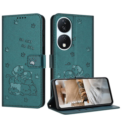 Honor X7b 4G Embossed Kitten PU Leather Wallet Case with Card Slots, Cash Pocket, Kickstand Function, Wrist Lanyard Strap, Full Protective TPU Flip Cover