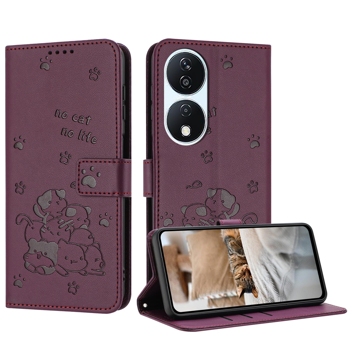 Honor X7b 4G Embossed Kitten PU Leather Wallet Case with Card Slots, Cash Pocket, Kickstand Function, Wrist Lanyard Strap, Full Protective TPU Flip Cover