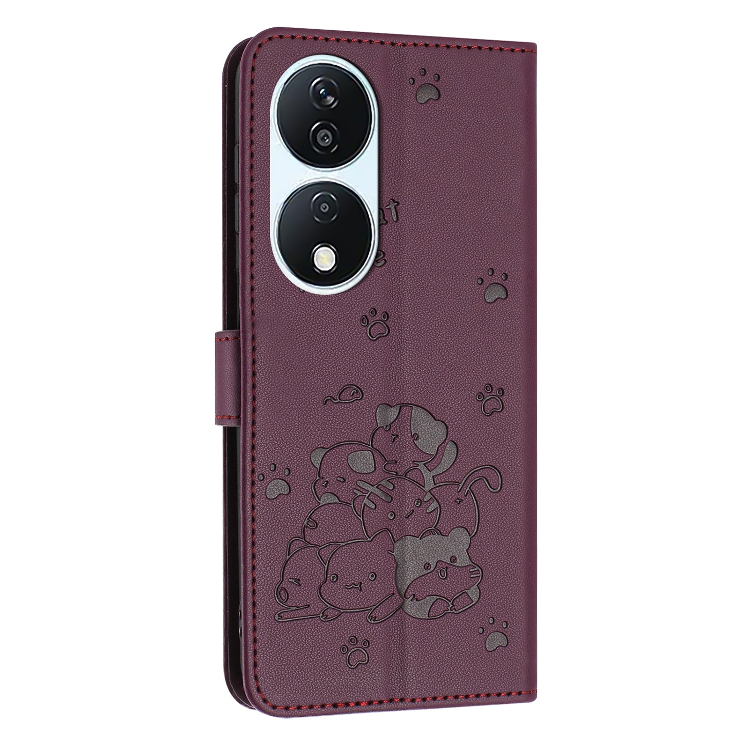 Honor X7b 4G Embossed Kitten PU Leather Wallet Case with Card Slots, Cash Pocket, Kickstand Function, Wrist Lanyard Strap, Full Protective TPU Flip Cover