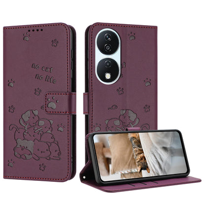 Honor X7b 5G Embossed Kitten PU Leather Wallet Case with Card Slots, Cash Pocket, Kickstand Function, Wrist Lanyard Strap, Full Protective TPU Flip Cover
