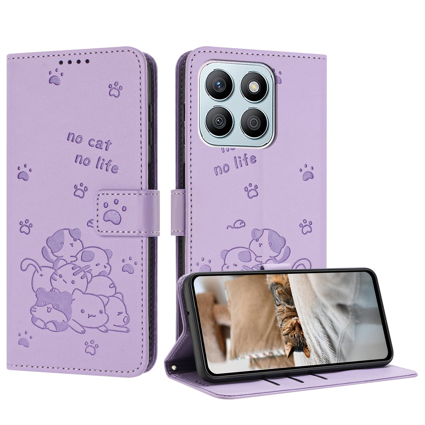 Honor X8b Embossed Kitten PU Leather Wallet Case with Card Slots, Cash Pocket, Kickstand Function, Wrist Lanyard Strap, Full Protective TPU Flip Cover