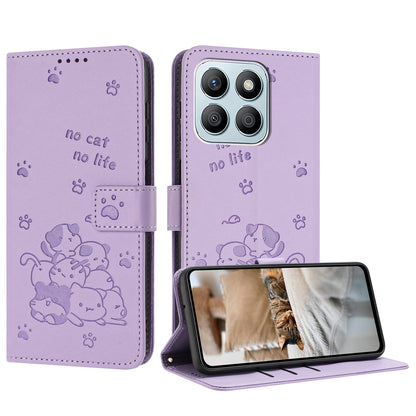 Honor X8b Embossed Kitten PU Leather Wallet Case with Card Slots, Cash Pocket, Kickstand Function, Wrist Lanyard Strap, Full Protective TPU Flip Cover