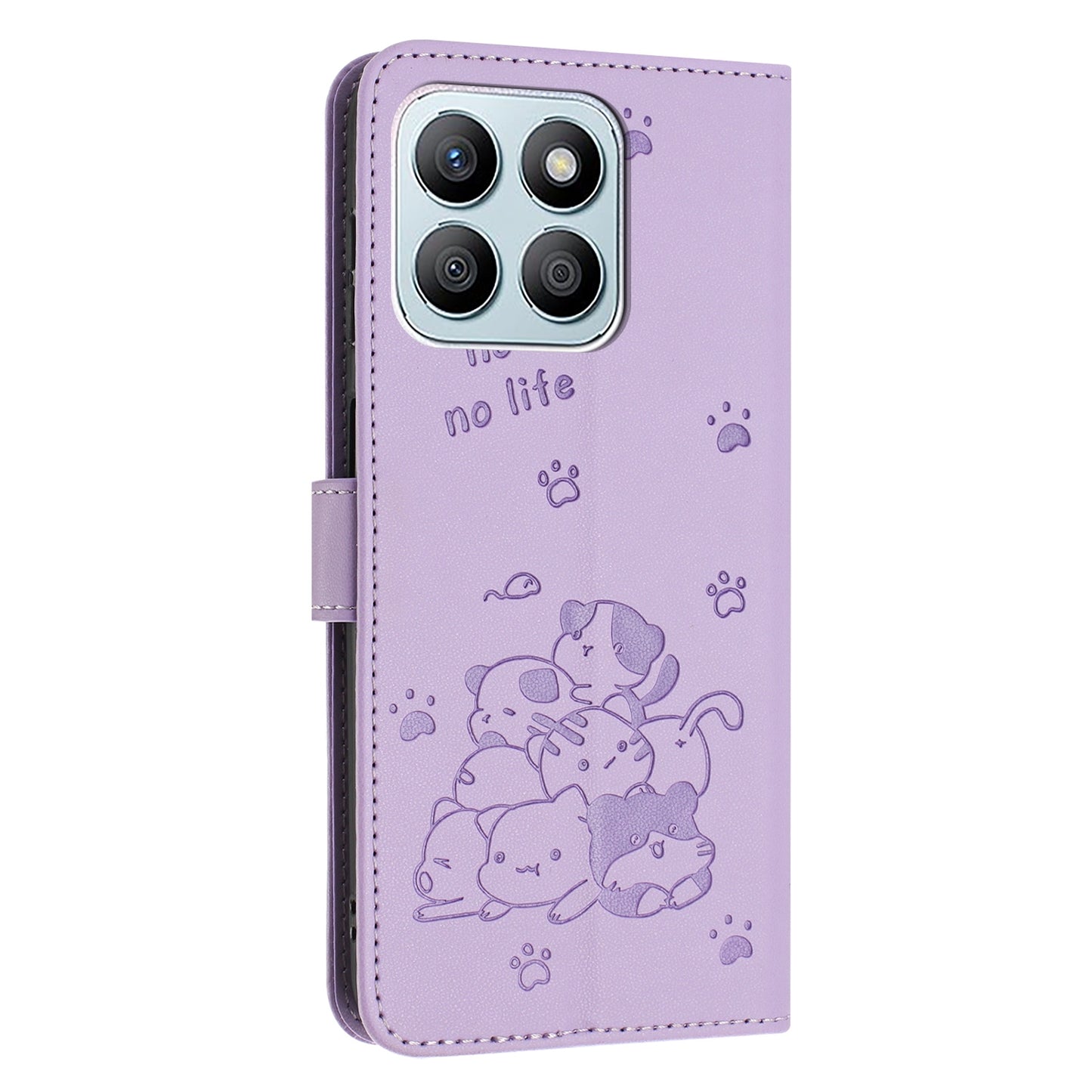 Honor X8b Embossed Kitten PU Leather Wallet Case with Card Slots, Cash Pocket, Kickstand Function, Wrist Lanyard Strap, Full Protective TPU Flip Cover