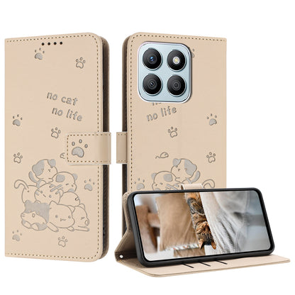 Honor X8b Embossed Kitten PU Leather Wallet Case with Card Slots, Cash Pocket, Kickstand Function, Wrist Lanyard Strap, Full Protective TPU Flip Cover