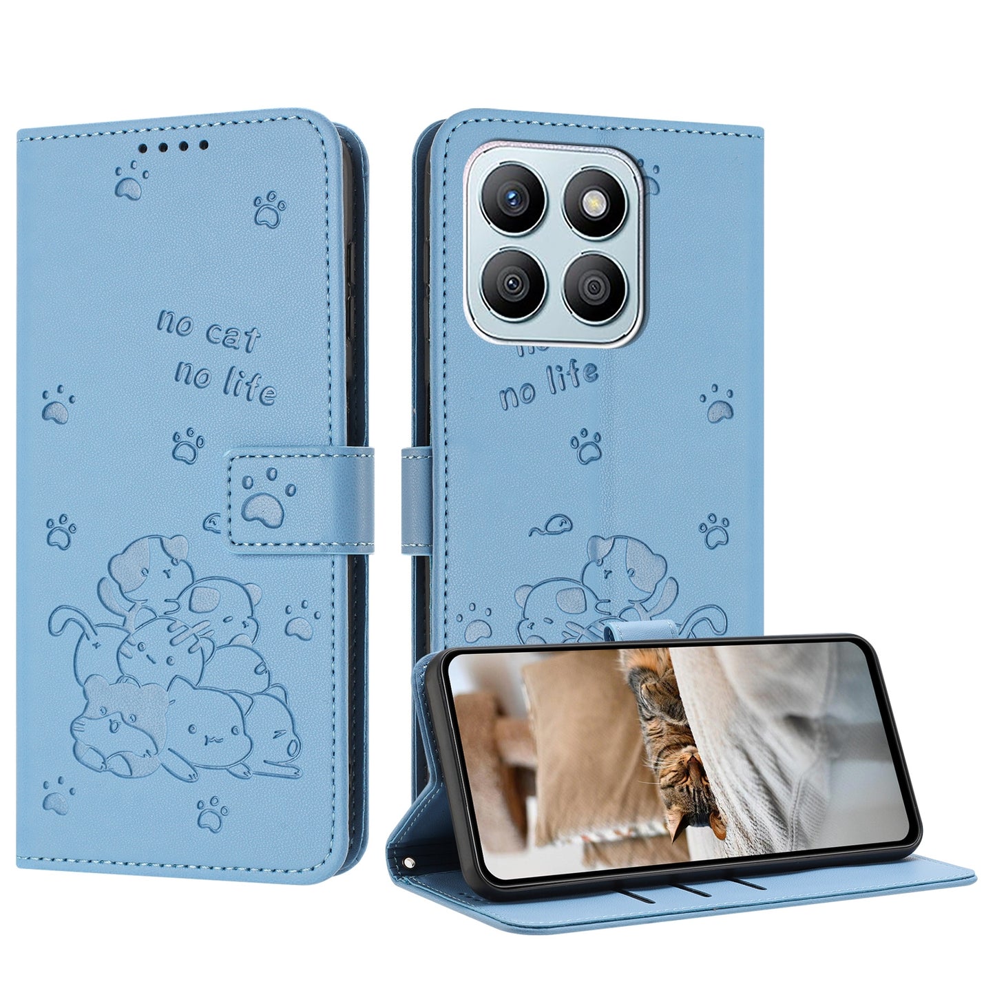 Honor X8b Embossed Kitten PU Leather Wallet Case with Card Slots, Cash Pocket, Kickstand Function, Wrist Lanyard Strap, Full Protective TPU Flip Cover