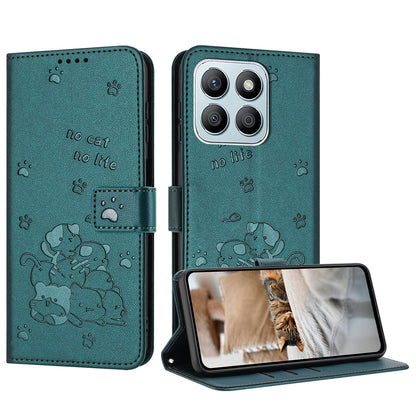 Honor X8b Embossed Kitten PU Leather Wallet Case with Card Slots, Cash Pocket, Kickstand Function, Wrist Lanyard Strap, Full Protective TPU Flip Cover