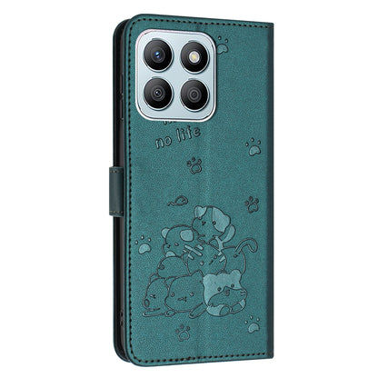 Honor X8b Embossed Kitten PU Leather Wallet Case with Card Slots, Cash Pocket, Kickstand Function, Wrist Lanyard Strap, Full Protective TPU Flip Cover