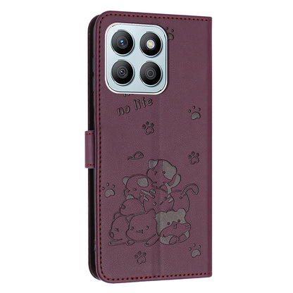 Honor X8b Embossed Kitten PU Leather Wallet Case with Card Slots, Cash Pocket, Kickstand Function, Wrist Lanyard Strap, Full Protective TPU Flip Cover