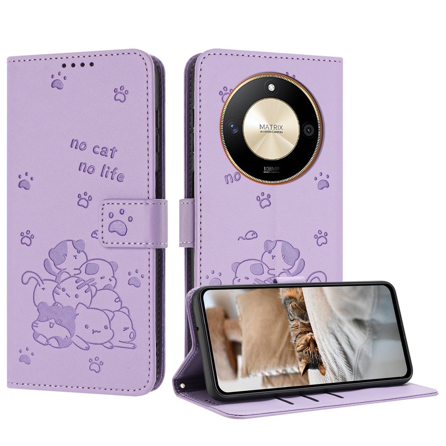 Honor X50 Embossed Kitten PU Leather Wallet Case with Card Slots, Cash Pocket, Kickstand Function, Wrist Lanyard Strap, Full Protective TPU Flip Cover