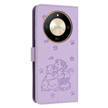 Honor X50 Embossed Kitten PU Leather Wallet Case with Card Slots, Cash Pocket, Kickstand Function, Wrist Lanyard Strap, Full Protective TPU Flip Cover