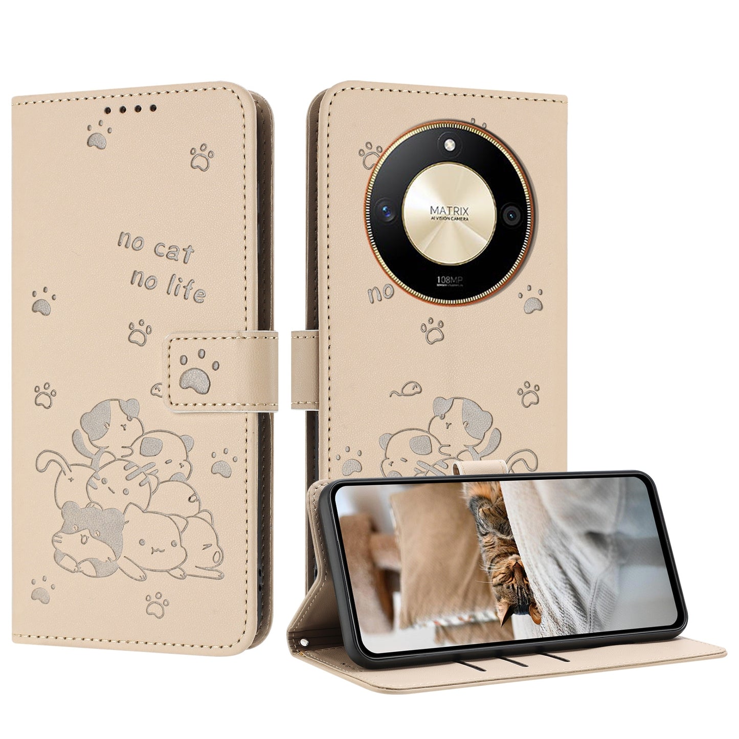 Honor X50 Embossed Kitten PU Leather Wallet Case with Card Slots, Cash Pocket, Kickstand Function, Wrist Lanyard Strap, Full Protective TPU Flip Cover