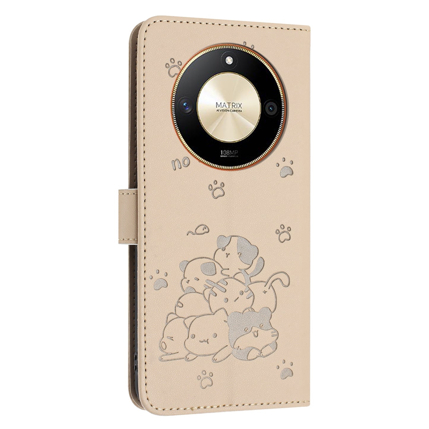 Honor X50 Embossed Kitten PU Leather Wallet Case with Card Slots, Cash Pocket, Kickstand Function, Wrist Lanyard Strap, Full Protective TPU Flip Cover