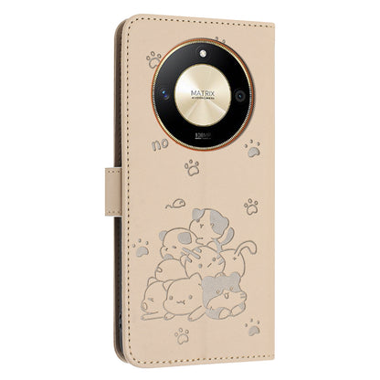 Honor X50 Embossed Kitten PU Leather Wallet Case with Card Slots, Cash Pocket, Kickstand Function, Wrist Lanyard Strap, Full Protective TPU Flip Cover
