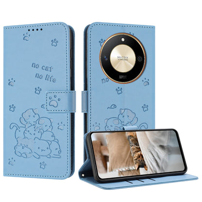 Honor X50 Embossed Kitten PU Leather Wallet Case with Card Slots, Cash Pocket, Kickstand Function, Wrist Lanyard Strap, Full Protective TPU Flip Cover