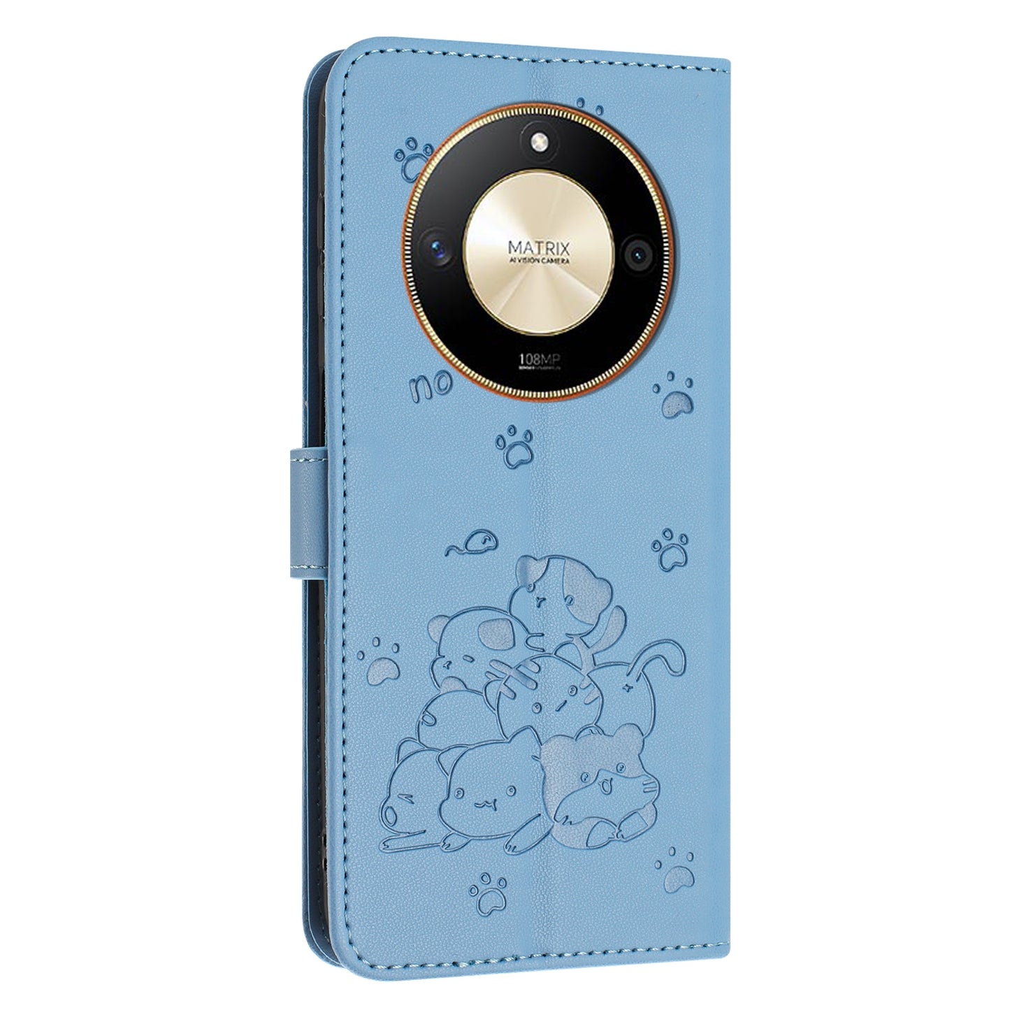 Honor X50 Embossed Kitten PU Leather Wallet Case with Card Slots, Cash Pocket, Kickstand Function, Wrist Lanyard Strap, Full Protective TPU Flip Cover