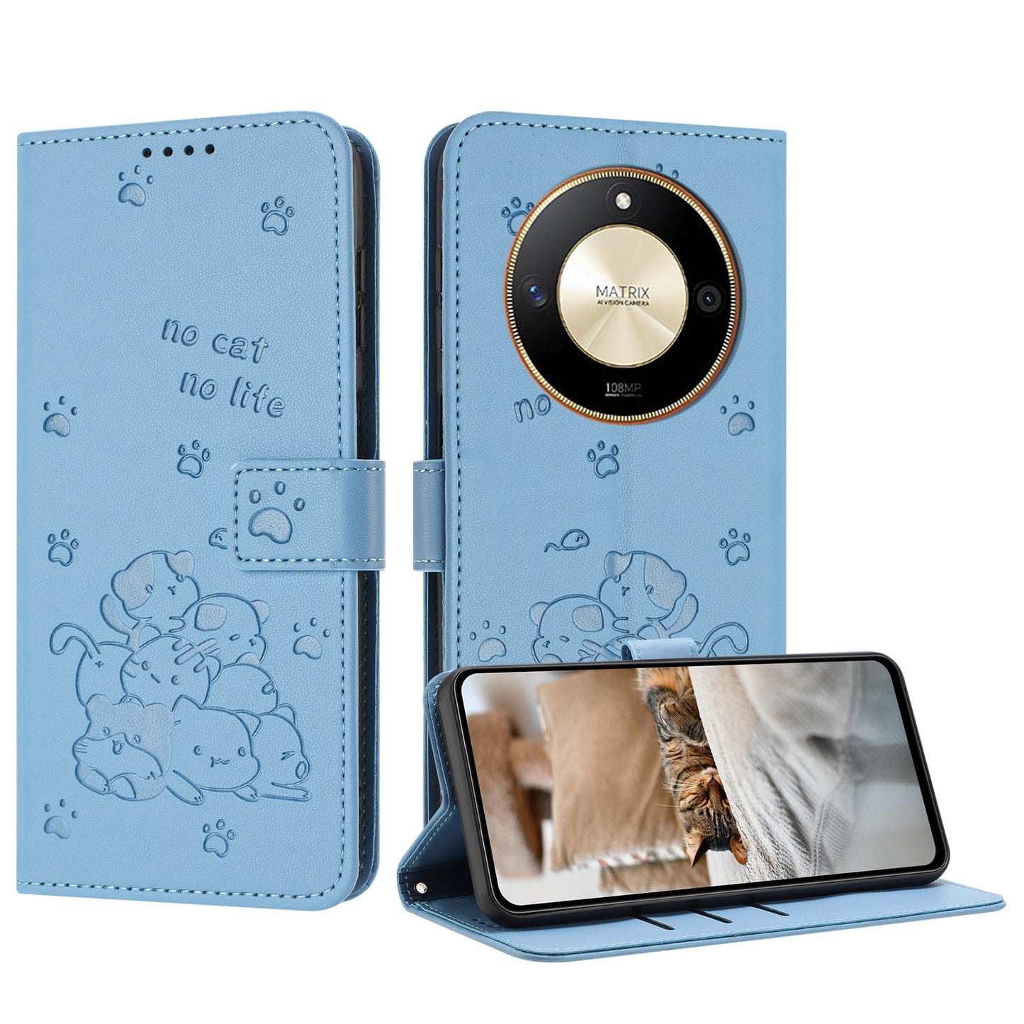 Honor X9b Embossed Kitten PU Leather Wallet Case with Card Slots, Cash Pocket, Kickstand Function, Wrist Lanyard Strap, Full Protective TPU Flip Cover