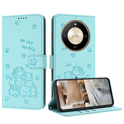 Honor X50 Embossed Kitten PU Leather Wallet Case with Card Slots, Cash Pocket, Kickstand Function, Wrist Lanyard Strap, Full Protective TPU Flip Cover
