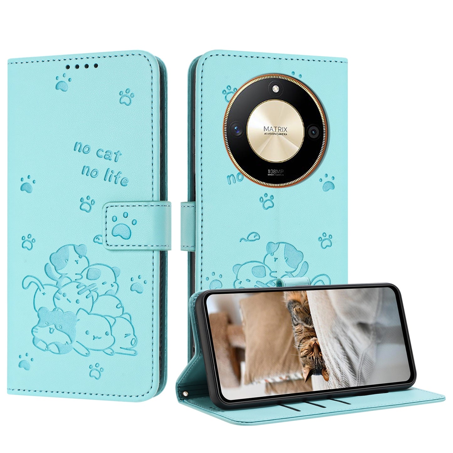 Honor X9b Embossed Kitten PU Leather Wallet Case with Card Slots, Cash Pocket, Kickstand Function, Wrist Lanyard Strap, Full Protective TPU Flip Cover