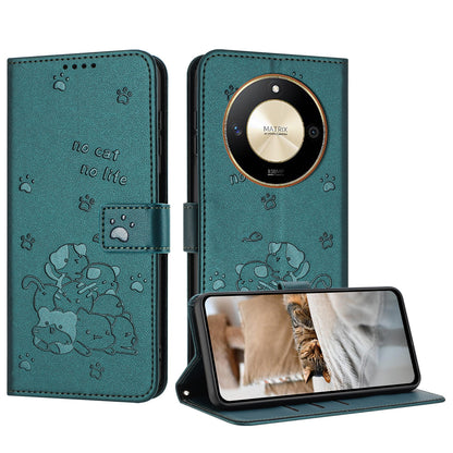 Honor X50 Embossed Kitten PU Leather Wallet Case with Card Slots, Cash Pocket, Kickstand Function, Wrist Lanyard Strap, Full Protective TPU Flip Cover