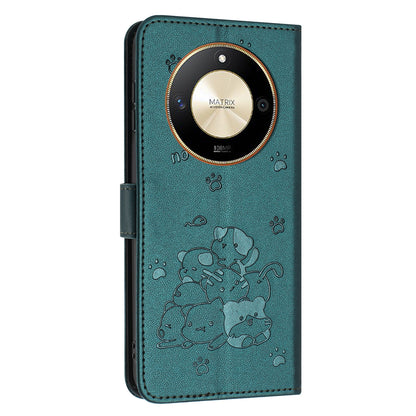 Honor X50 Embossed Kitten PU Leather Wallet Case with Card Slots, Cash Pocket, Kickstand Function, Wrist Lanyard Strap, Full Protective TPU Flip Cover
