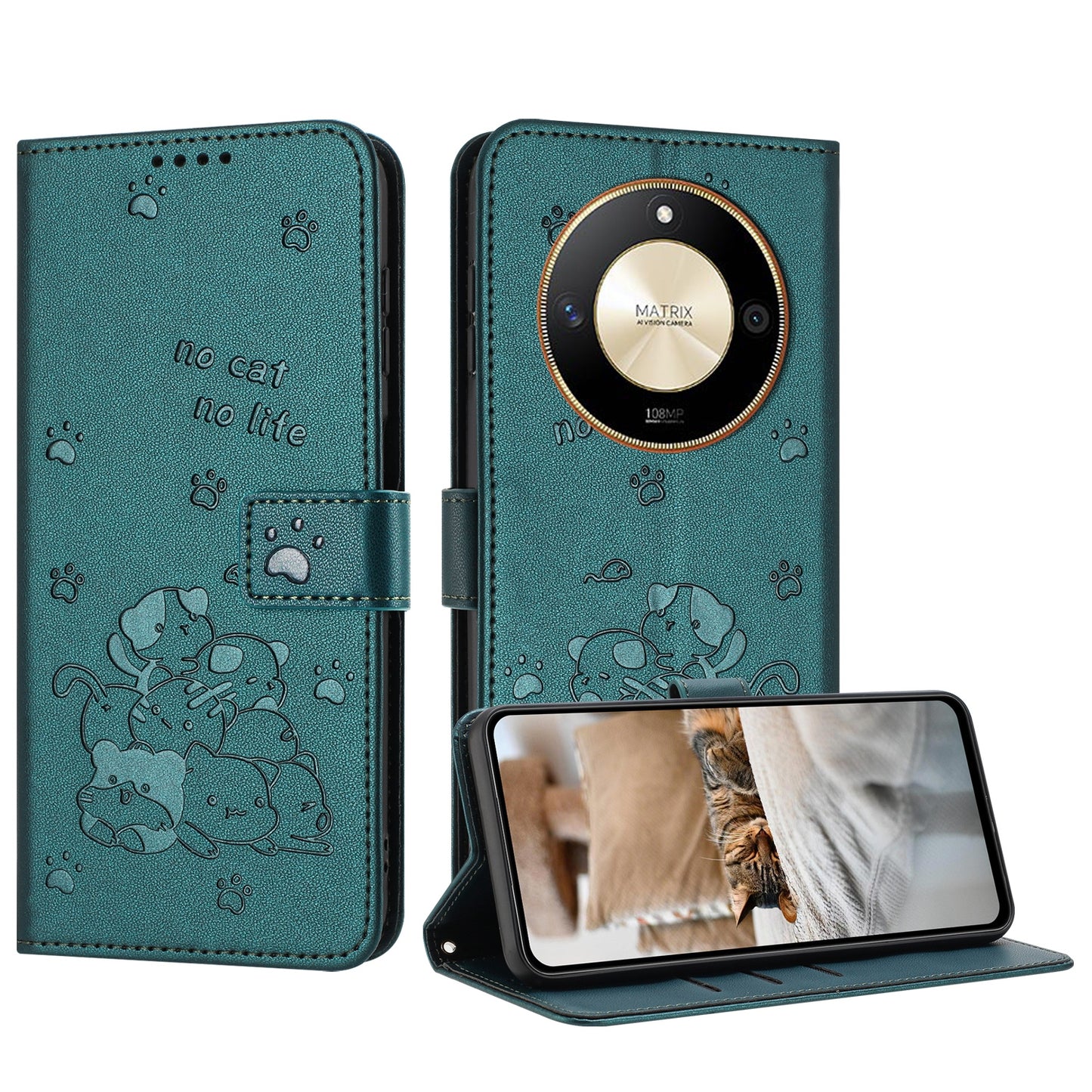 Honor X9b Embossed Kitten PU Leather Wallet Case with Card Slots, Cash Pocket, Kickstand Function, Wrist Lanyard Strap, Full Protective TPU Flip Cover