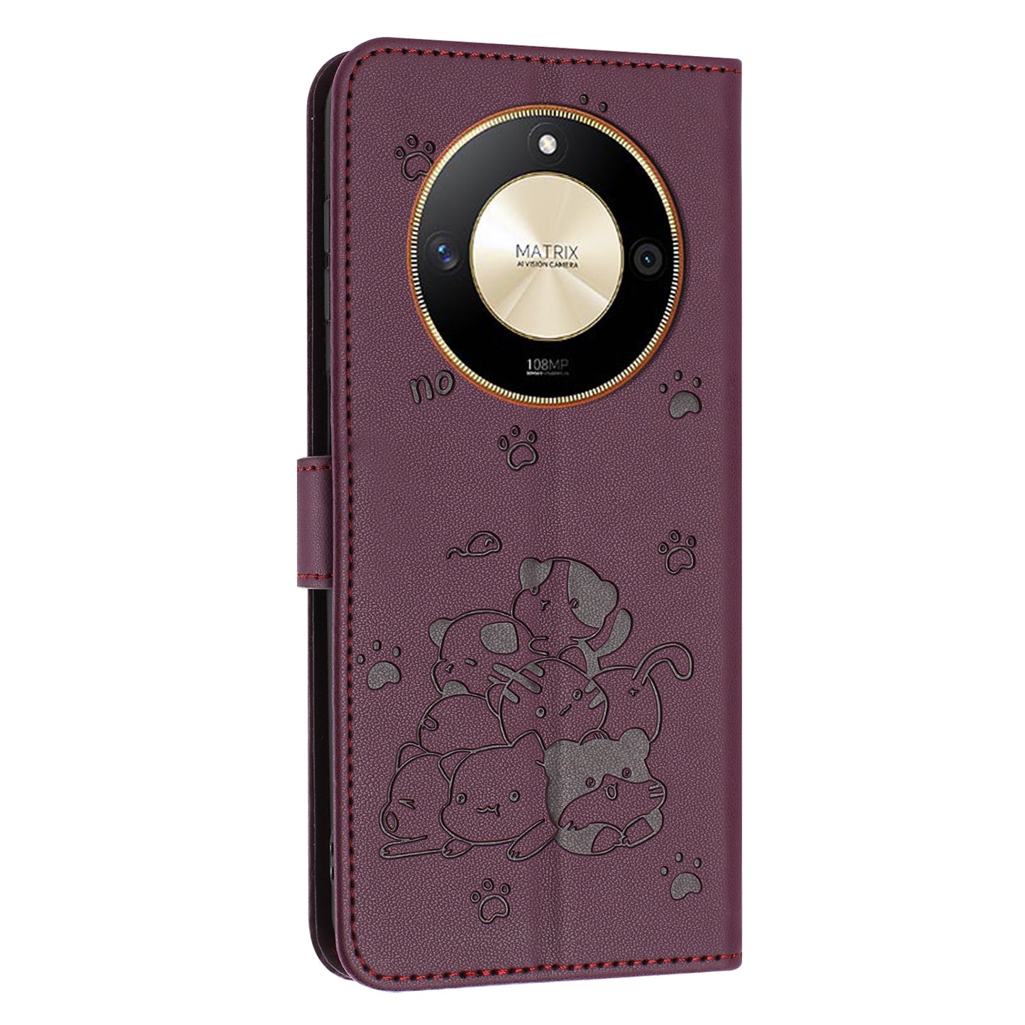 Honor X9b Embossed Kitten PU Leather Wallet Case with Card Slots, Cash Pocket, Kickstand Function, Wrist Lanyard Strap, Full Protective TPU Flip Cover