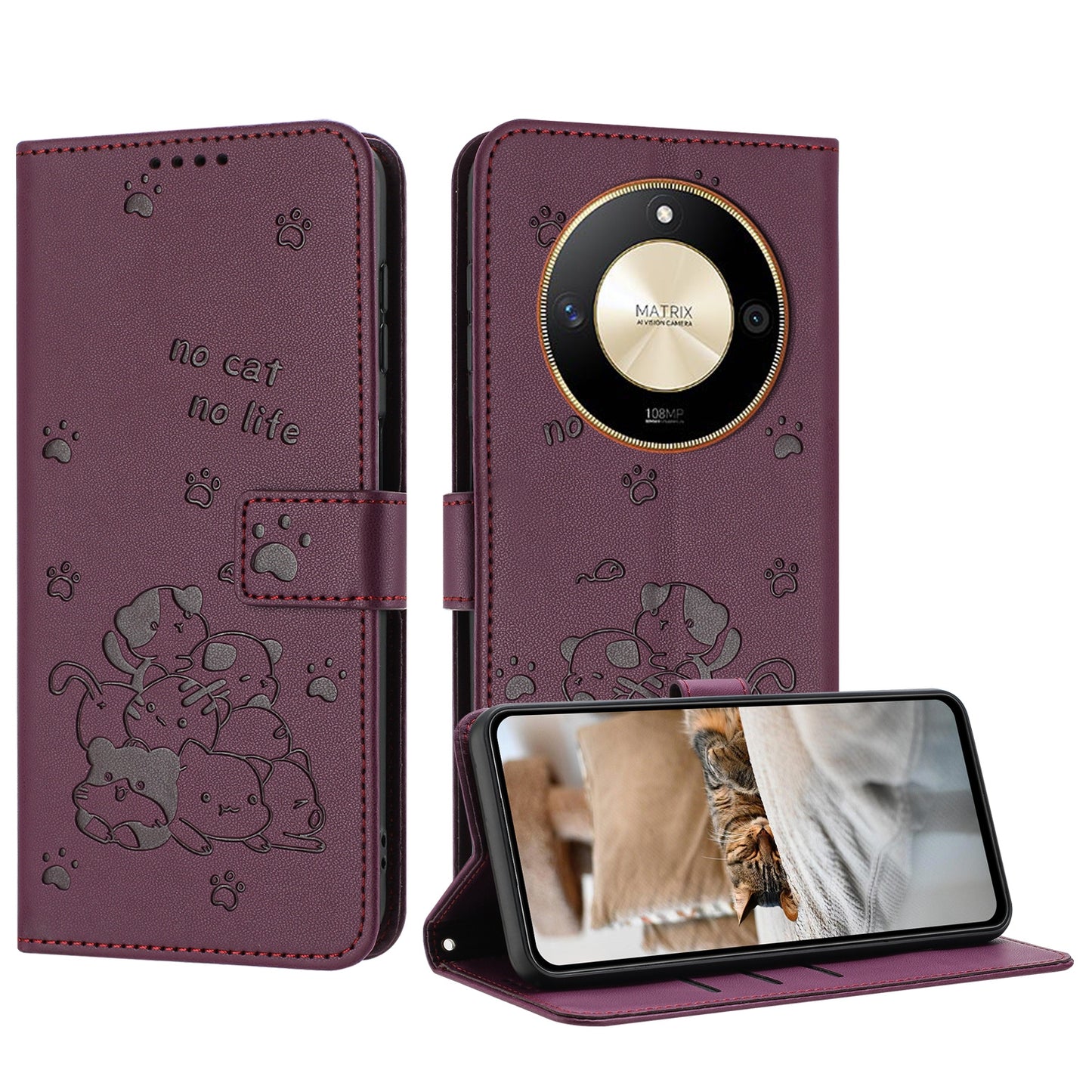 Honor X9b Embossed Kitten PU Leather Wallet Case with Card Slots, Cash Pocket, Kickstand Function, Wrist Lanyard Strap, Full Protective TPU Flip Cover