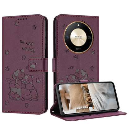 Honor X9b Embossed Kitten PU Leather Wallet Case with Card Slots, Cash Pocket, Kickstand Function, Wrist Lanyard Strap, Full Protective TPU Flip Cover